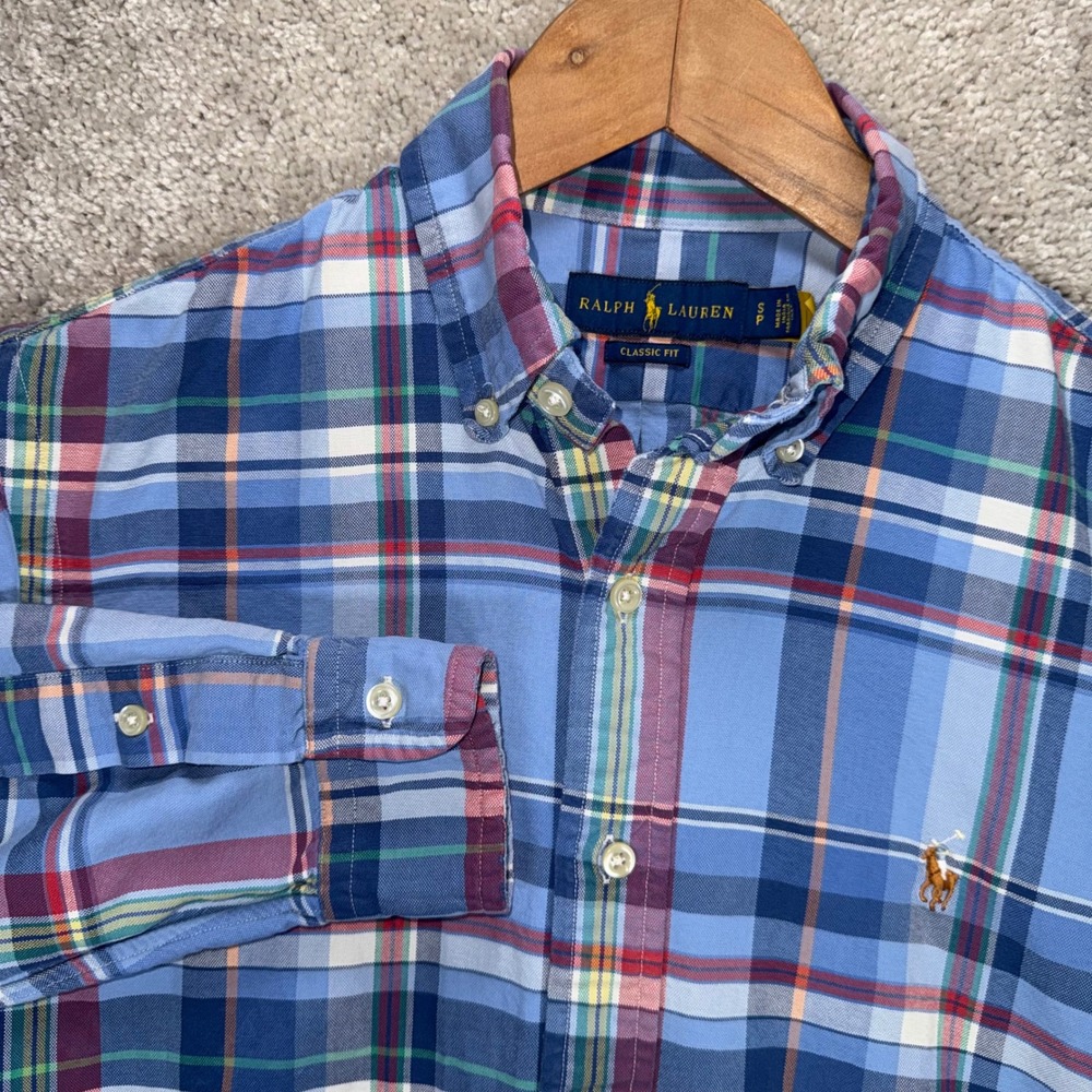 Ralph Lauren Classic Fit Men's Small Blue Plaid Button Shirt Flesh Pony